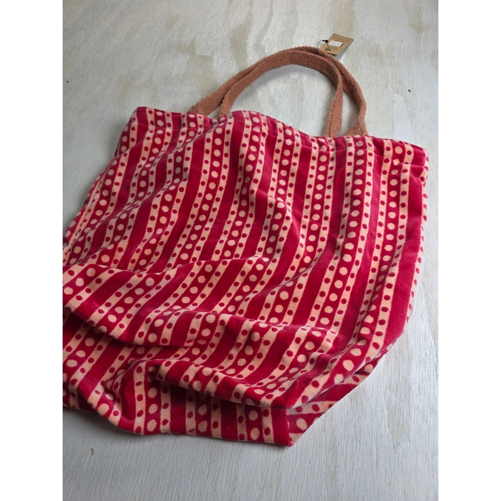 Creative Co-op Red Velvet Polka Dot Stripe Tote Bag Boho Cottagecore EM0490A